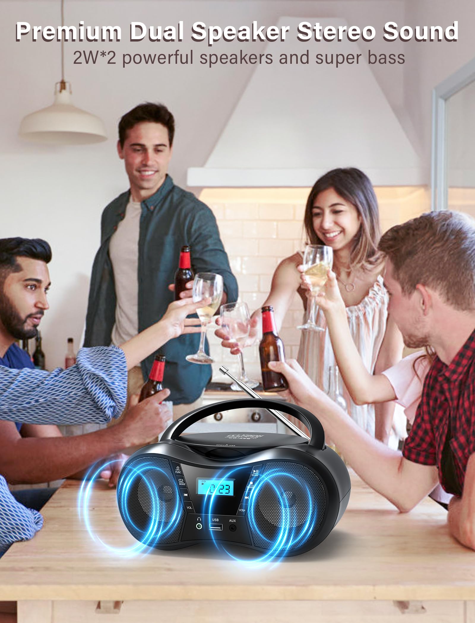 Greadio Boombox Portable CD Players for Home with Bluetooth, Boom Box CD Player FM Radio Combo, Stereo Sound, AC/Battery Powered, CD/CD-R/RW Compatible, Support AUX/USB/Headphone, Timer, Repeatable