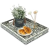 CLAYNIX Serving Tray 15.7" X11.8", Lacquer Mother of Pearl Inlay Mosaic Tray, Rectangle Wooden Marble Tray with Handles Trays for Tea, Breakfast in Bed, Table (Black Leaf)