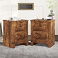AMERLIFE Nightstand Set of 2 with Charging Station, Rustic Bedside Table with Drawers Storage, Farmhouse Wood Night Stand for Bedroom, Living Room, Rustic Brown
