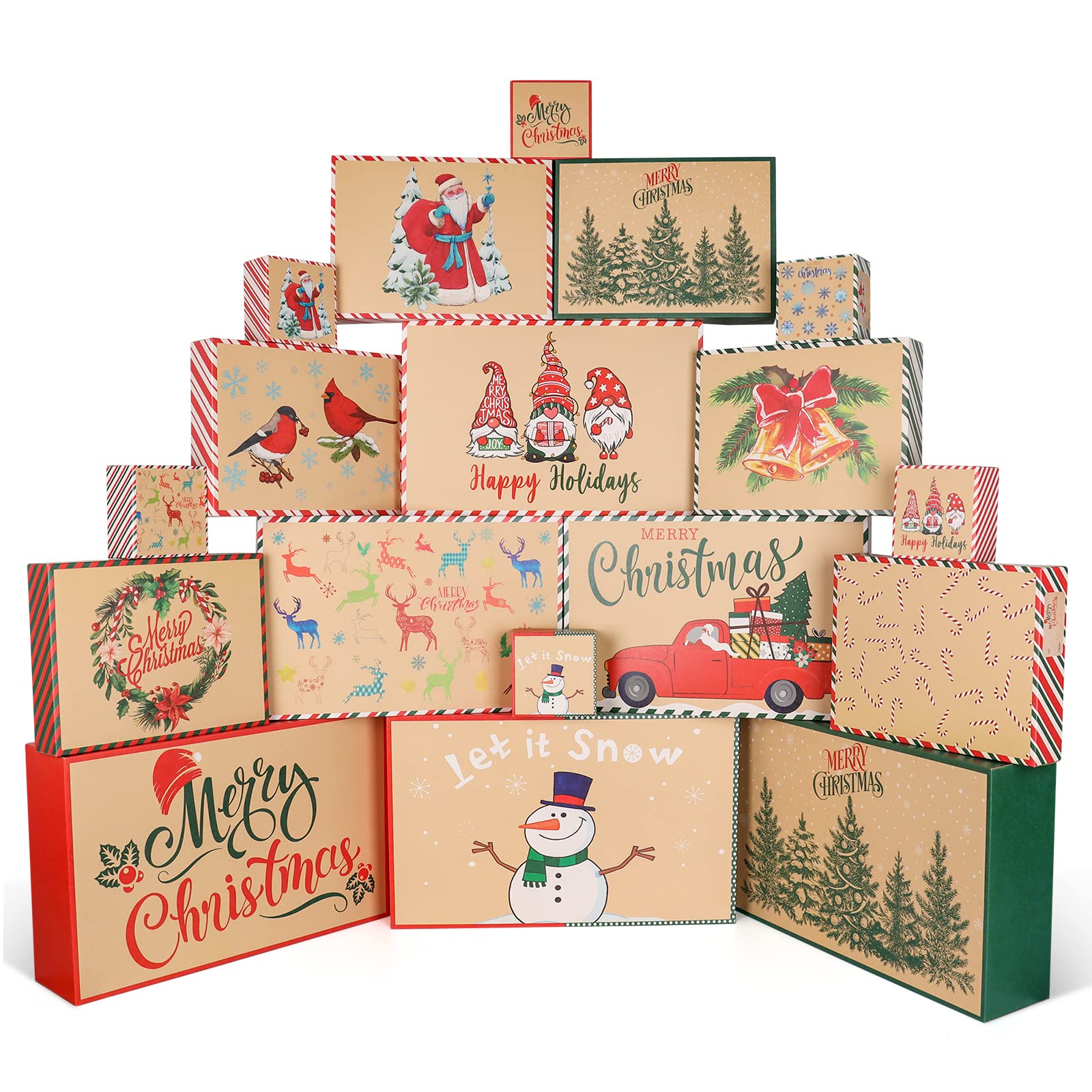 Giiffu Christmas Kraft Gift Boxes with Lids (18 Pack) – 4 Assorted Sizes & 12 Designs – Decorative Holiday Shirt, Sweater & Robe Wrapping Boxes Set with Gift Stickers – Xmas Present Packaging (Brown)
