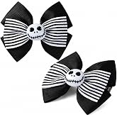 Halloween Skull Hair Bow Clips, Black and White Striped Hair Bows | 2 Pack, Halloween Skeleton Hair Accessories for Women and Girls, Costume Parties and Cosplay, 4 IN
