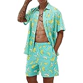 Poekuao Men's Hawaiian Matching Set Summer Beach Outfits 2 Piece Flower Tropical Short Sleeve Cuban Shirts and Shorts Suits