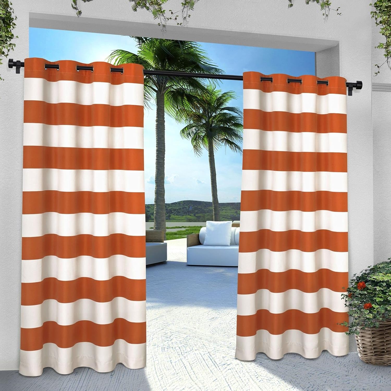 Outdoor Curtains - Exclusive Home Cabana Stripe Indoor/Outdoor Light Filtering Grommet Top Curtain Panel, 54