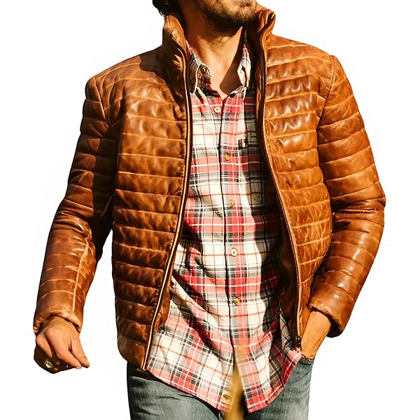 Men's Puffer Down Leather Bubble Jacket Distressed Brown (US