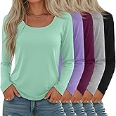 Sweetyweee 5 Pack Women's Long Sleeve Shirts Scoop Neck Tops Loose Fit Tshirt Pullover Undershirt Basic Fall Layer Casual Tee