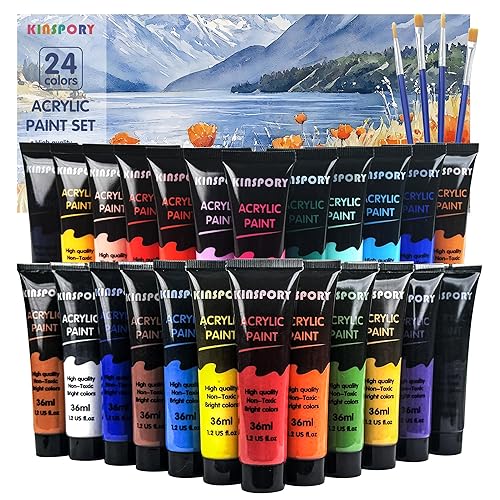 KINSPORY Acrylic Paint Set 24 x 36 ml with 4 Brushes - Water-Resistant, Assorted Colors for Beginners, Artists, Kids - Multi-Surface Art Supplies for Canvas, Wood, Rocks