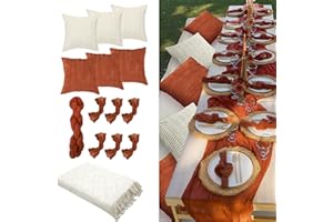 Beeveer 91 x 71 Extra Large Outdoor Boho Picnic Blanket with Terracotta Table Runner, 6 Throw Pillow Covers 6 Napkins Woven Cotton Yarn Oversize Beach Blanket Washable Picnic Camp Wedding