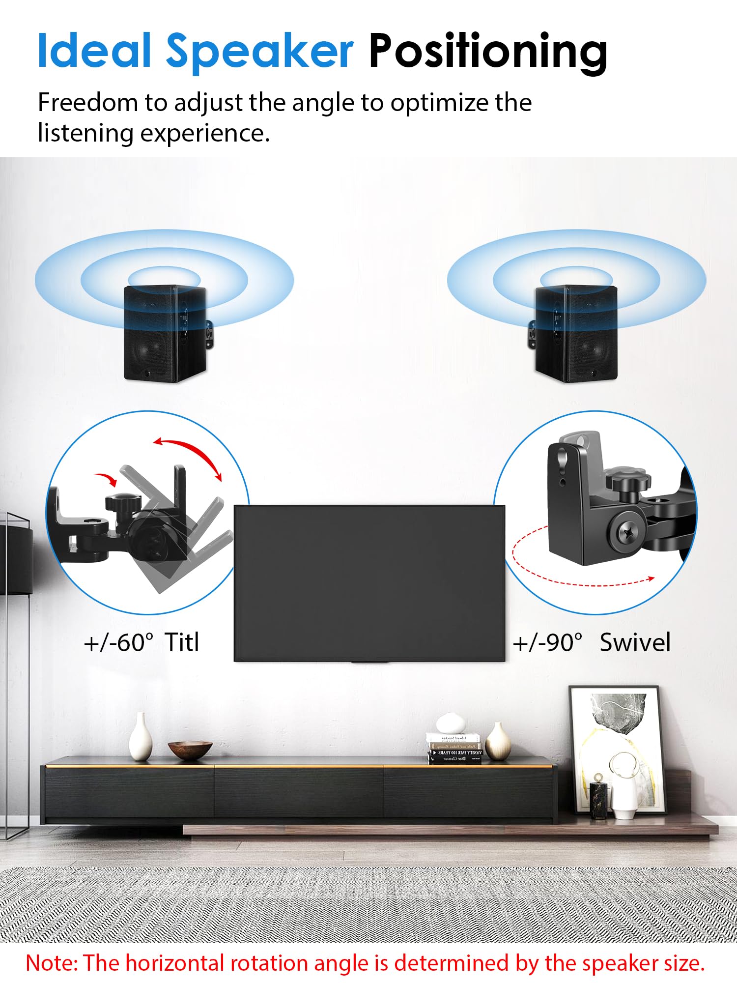 Speaker Wall Mounts, 2 Packs Universal Mounting Bracket for Small Bookshelf Speakers, Vertical 120°, Horizontal 180°Adjustment, Compatible with Bose, JBL, KEF,Sony & Others, Hold up to 32 lbs