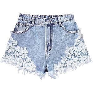 Peakpride Girls Jean Shorts High Waisted Lace Trim A Line Denim Shorts Cute Wide Leg Floral Applique Raw Hem Jorts 7-14Y