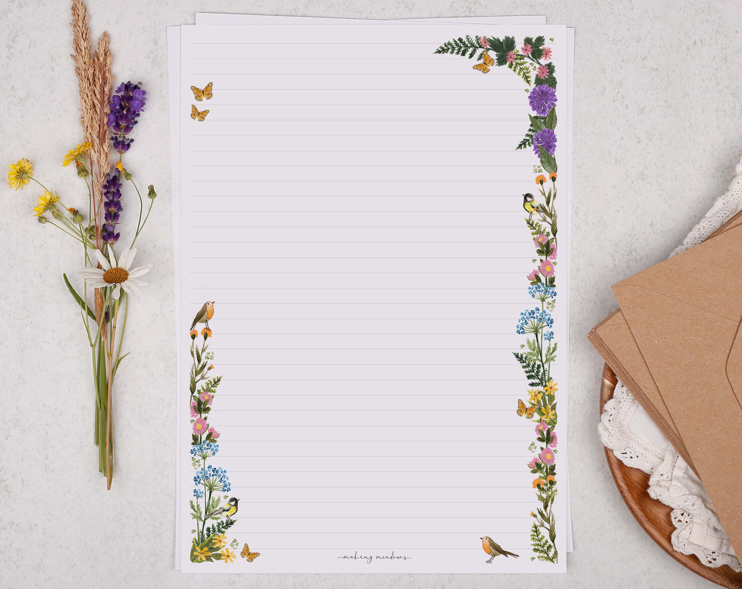 Making Meadows A4 Luxury Writing Paper Set Floral Flower Design (20 Sheets & 10 Envelopes), Perfect for Letter Writing, Lined Writing Paper and Envelopes