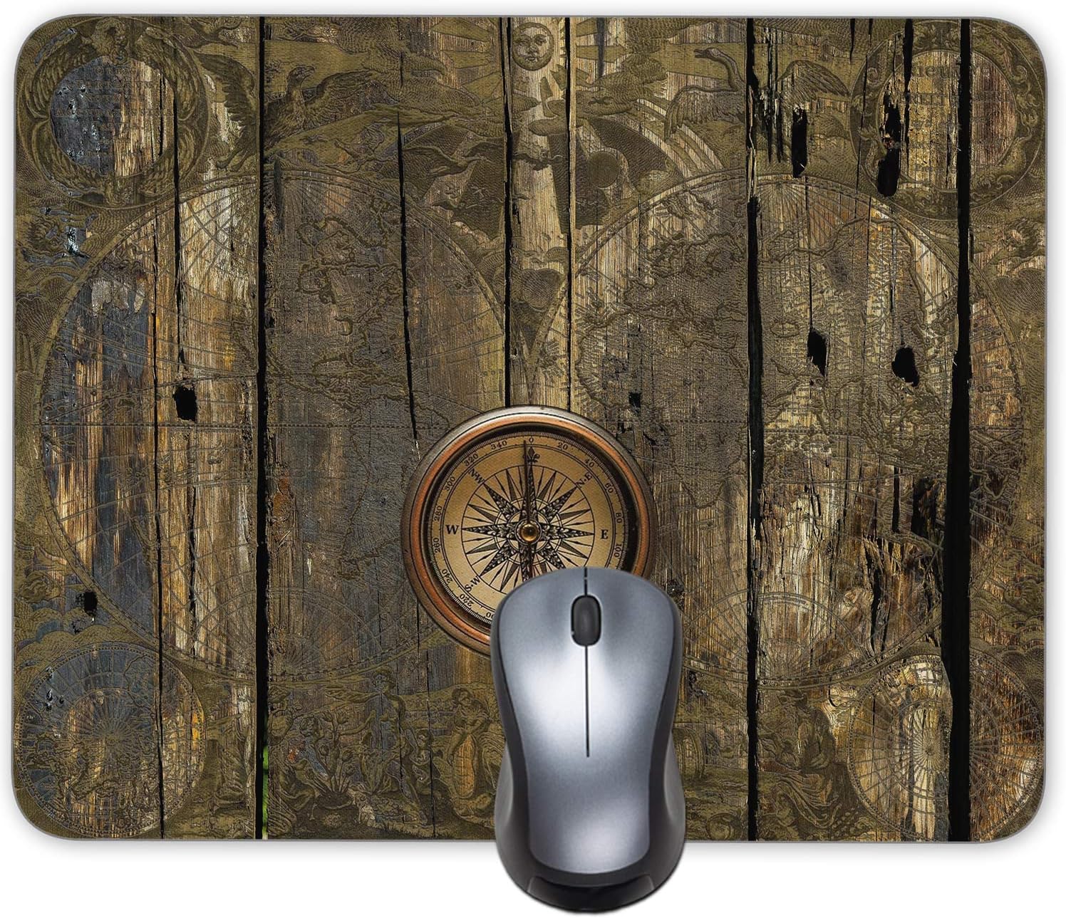 Beautiful World map Navigation Compass Vintage Wood Grain Mouse Pad Office Desktop or Gaming Cloth Surface Natural Rubber Mouse Mat