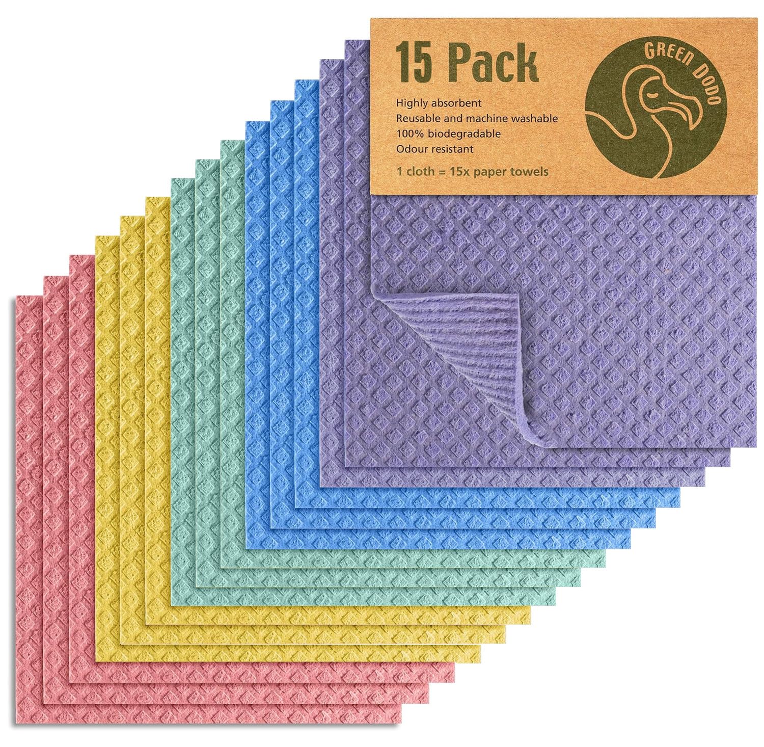 Green Dodo Swedish Dishcloths for Kitchen - 15 Pack - Eco Friendly Biodegradable & Sustainable Sponge Kitchen Cloth - Absorbent & Odour Free Dish Cloths for Kitchen - Paper Towel Alternative