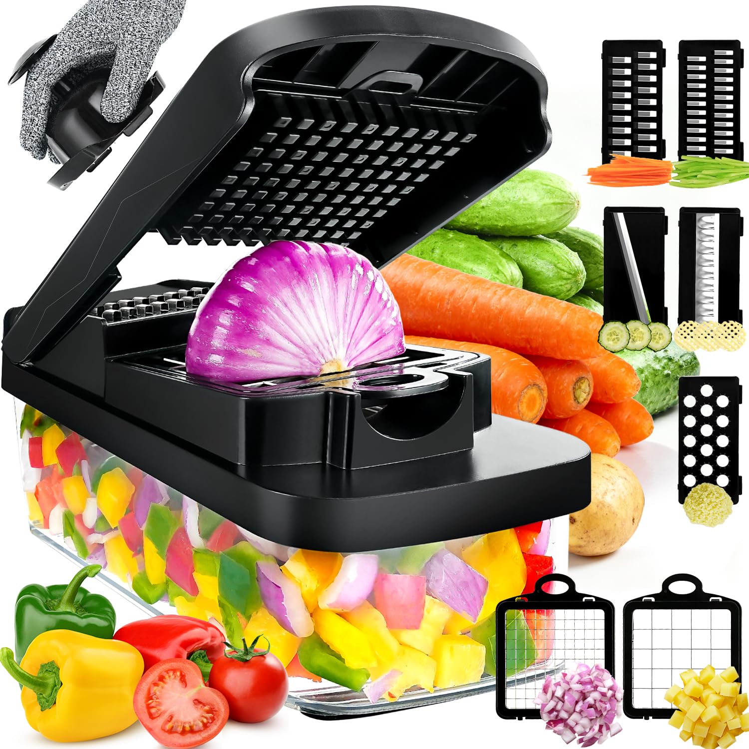 Gemüseschneider, Gemüsehobel Mandoline Gemüsehobel Salatschneider Gurkenhobel Multi Zerkleinerer, Kartoffelschneider Zwiebelschneider Vegetable Chopper Cutter Dicer.Schwarz