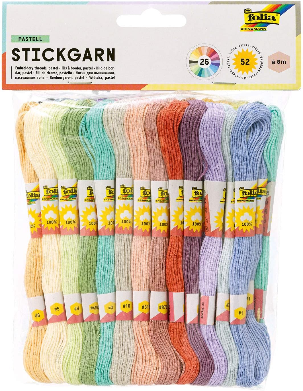 folia 23991 - Stickgarn, 100 % Baumwolle, 52 Docken à 8 m in 26 Farben sortiert, zum Sticken, Knüpfen und Basteln