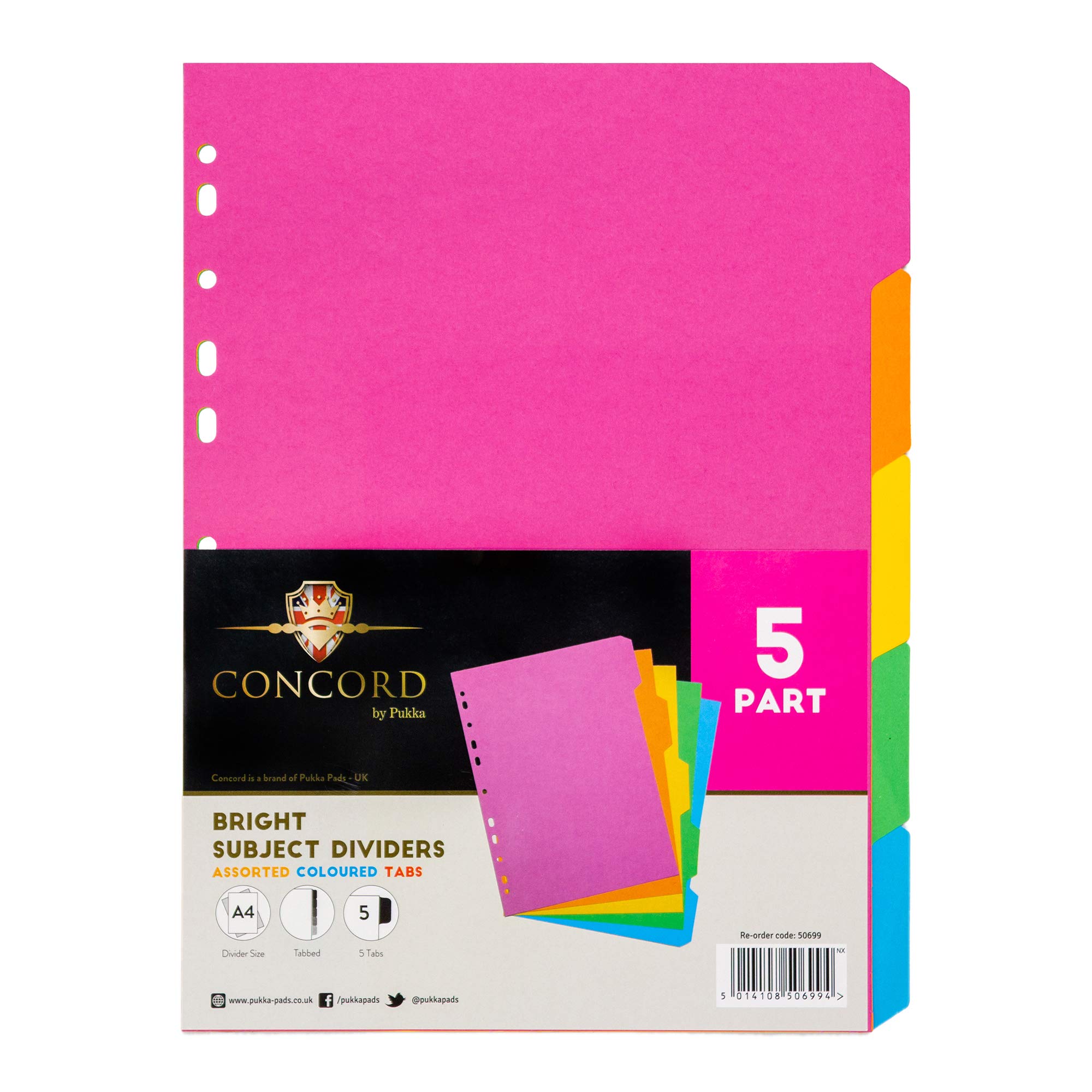 Concord 50699 Bright Subject Dividers Europunched 5-Part A4 Assorted,Black & White