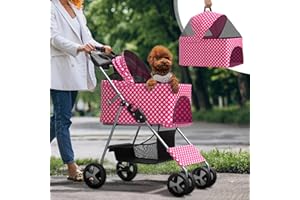 SFIHOME 3-in-1 Foldable Pet Stroller with Detachable Carrier and Car Seat, Push-Button Entry, for Small to Medium Pets up to 33 lbs, Pink Polka Dots