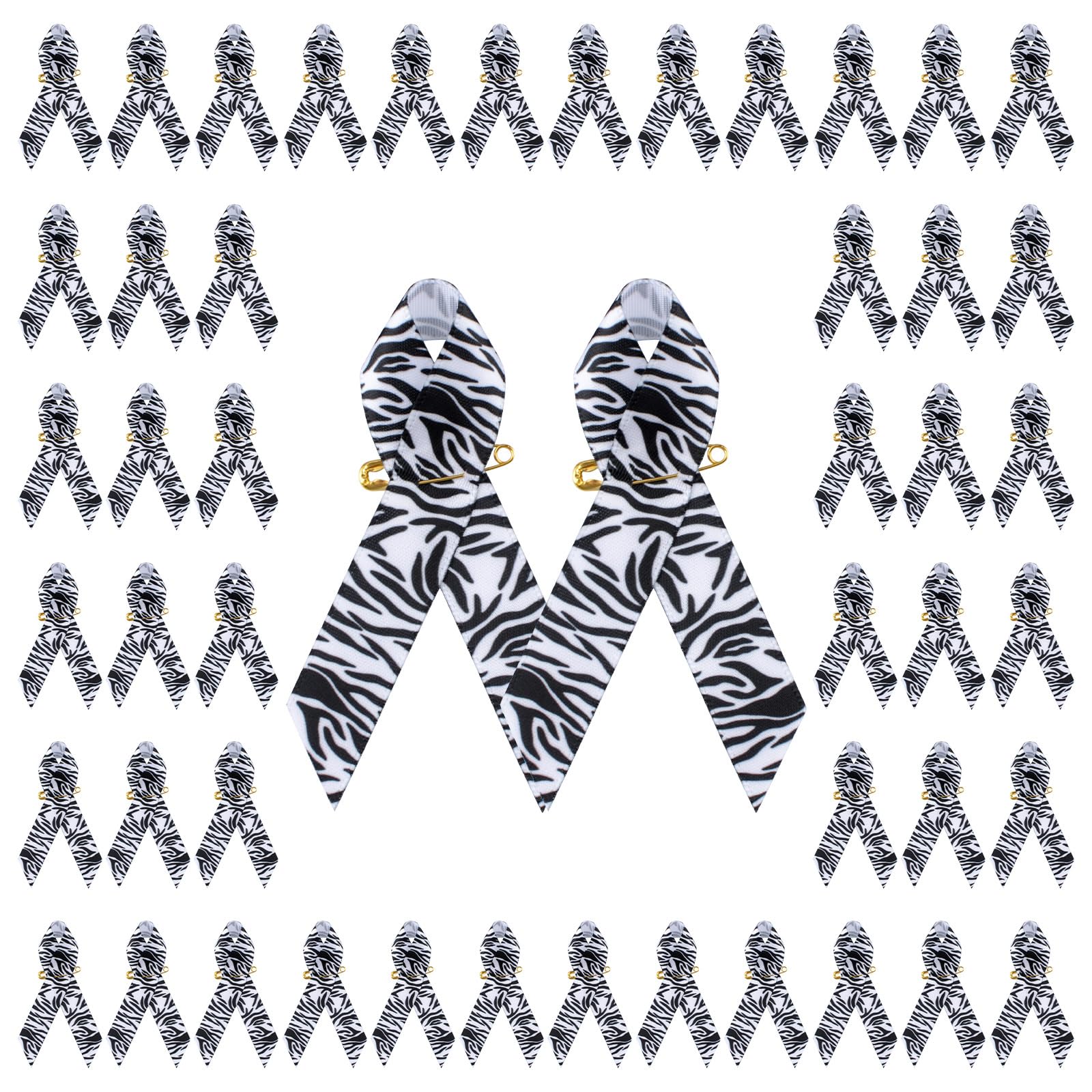 CRAFFANCY 100pcs Zebra Ribbon, Black and White Satin Pins NETs, EDSs, Carcinoid Cancer Awareness Brooch with Safety Pins, 7.5 * 4cm