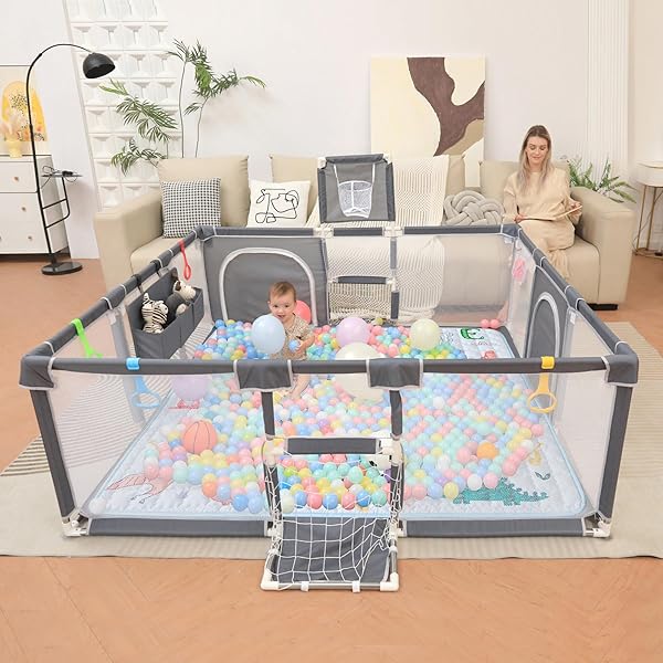 PLAYPEN FOR BABIES AND TODDLERS,73″X71″BABY PLAYPEN WITH MAT INDOOR＆OUTDOOR WITH BREATHABLE PLAY PEN WITH OCEAN BALLS HANGING POCKET BASKETBALL HOOP AND FOOTBALL GOAL (GREY WITH MAT, 73″X71″)