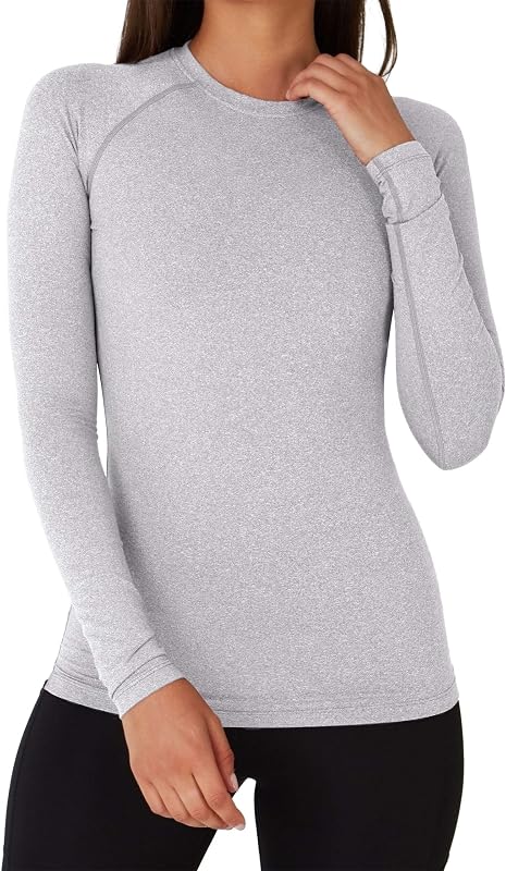 T-shirt térmica ajustada feminina - T-shirt térmica de manga comprida feminina com tecnologia SuperThermal - T-shirts térmicas de compressão de manga comprida para corrida e ciclismo de ginásio - Cinzento claro, XS