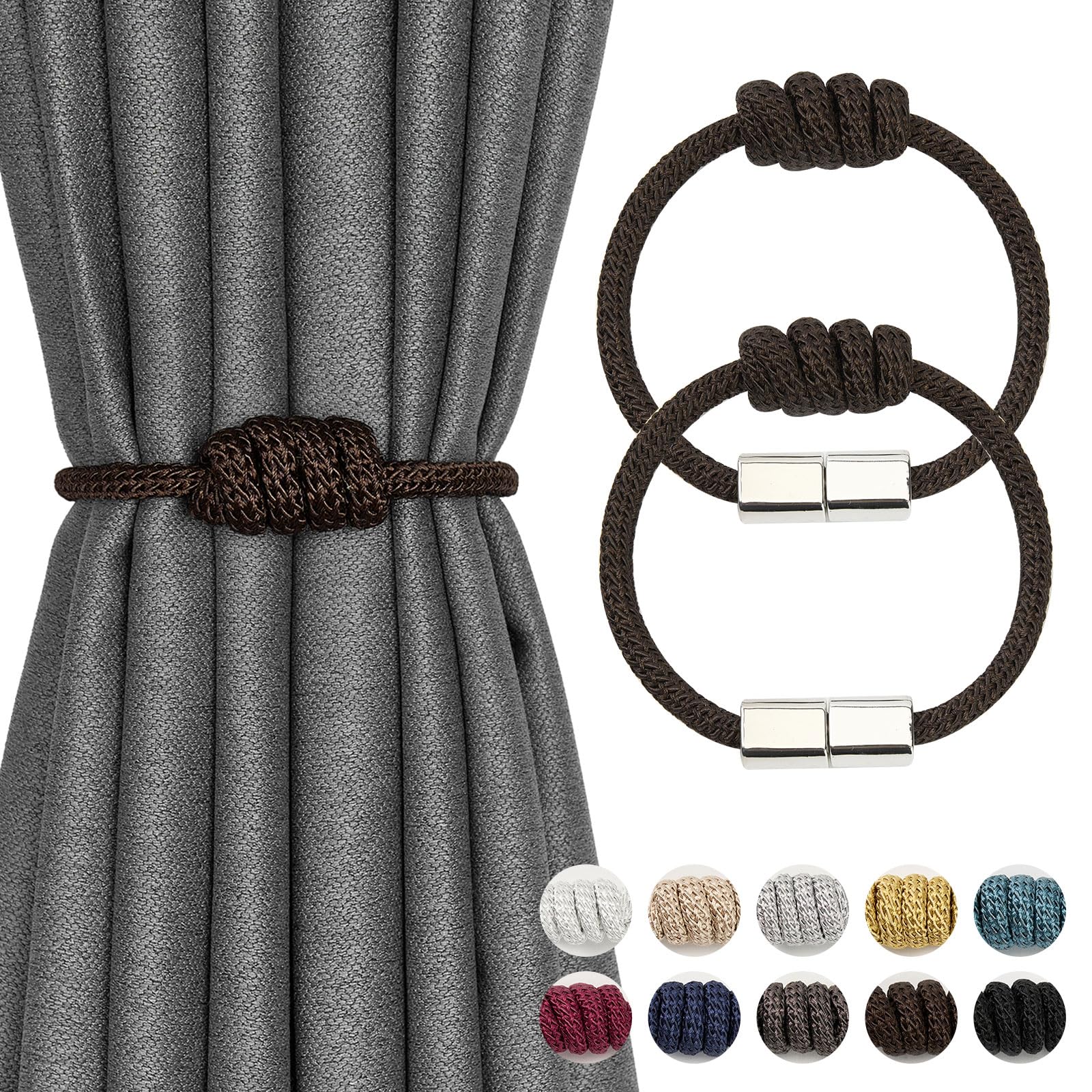 Pretty Jolly 2 Pack Mini Magnetic Curtain Tiebacks Modern Simple Style Drape Tie Backs Elegant Hand Weave Rope Knot Decorative Curtain Holdbacks for Home & Office Window Drapery (Coffee)