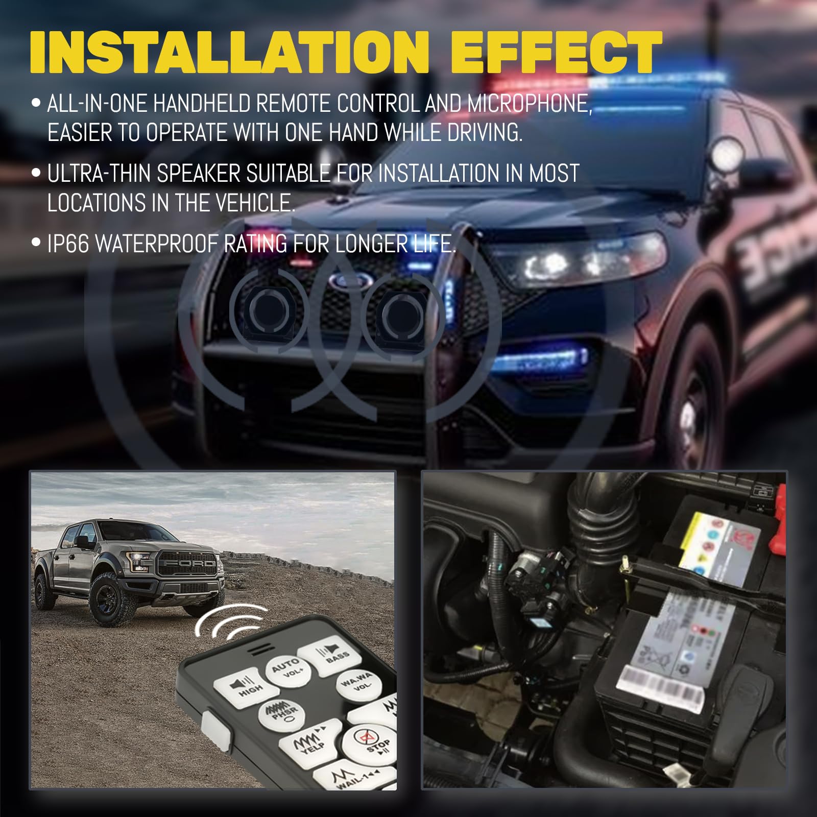 200W 12V 20 Tone Emergency Siren PA System, Slim Speaker Horn with Wireless Handheld Remote Control and Microphone for Emergency Vehicles Police Car Firefighter Ambulance SUVs