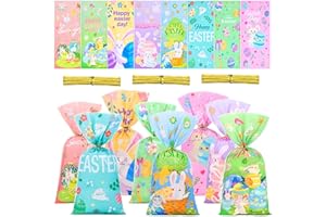JMANNI 100pcs Bunny Easter Cellophane Gift Treat Party Bags for Easter Candy Sweet Goody Cookie, 8 Style Easter Party Fillers Bags with Twist Ties, Easter Eggs Chick Easter Bags for Kids