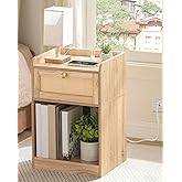 CHOEZON Nightstand with Charging Station, Side Table with Rattan-Style Drawer and Storage Shelf, Modern Rattan Night Stand with 2 USB Ports, Boho End Table Bedside Table for Bedroom, Natural MBZ01UWO