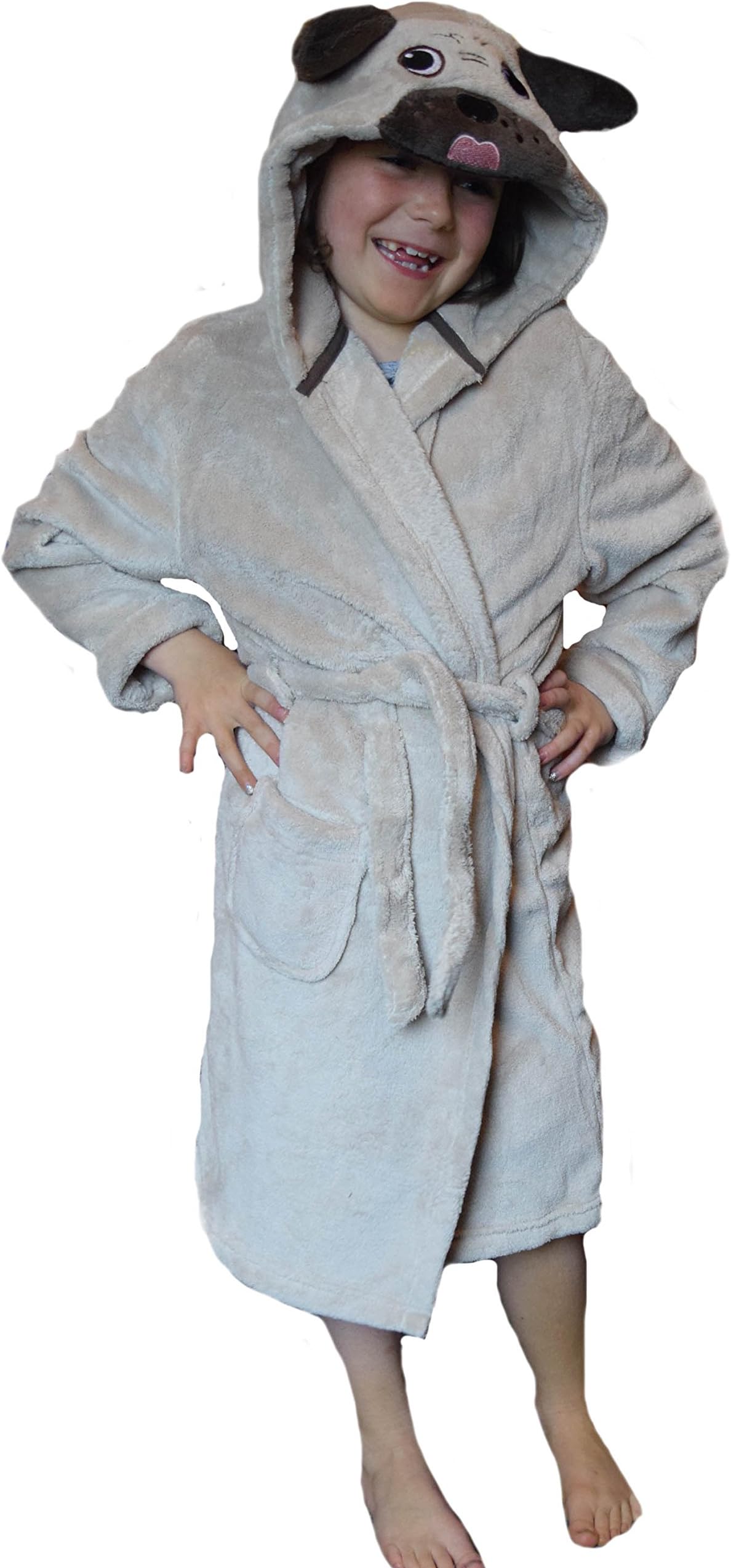 Childrens Boys and Girls Animal Fluffy Pug Dog Dressing Gown Robe in Kids Age 2-13 Years