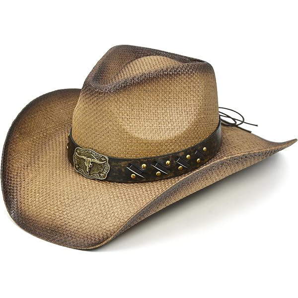 Unisex Straw Cowboy Hat with Studded Band and Bull Buckle, 58cm or 60cm Unisex Western Cowboy Hat with Bull Buckle and Studded Band  main image 2