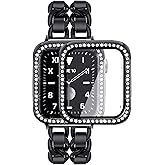 Mosonio Compatible for Apple Watch Band 46mm with Screen Protector Case Women, Jewelry Metal Chain with 2P Bling Case Cover for iWatch Series 11 10(Black Link with Black Leather)