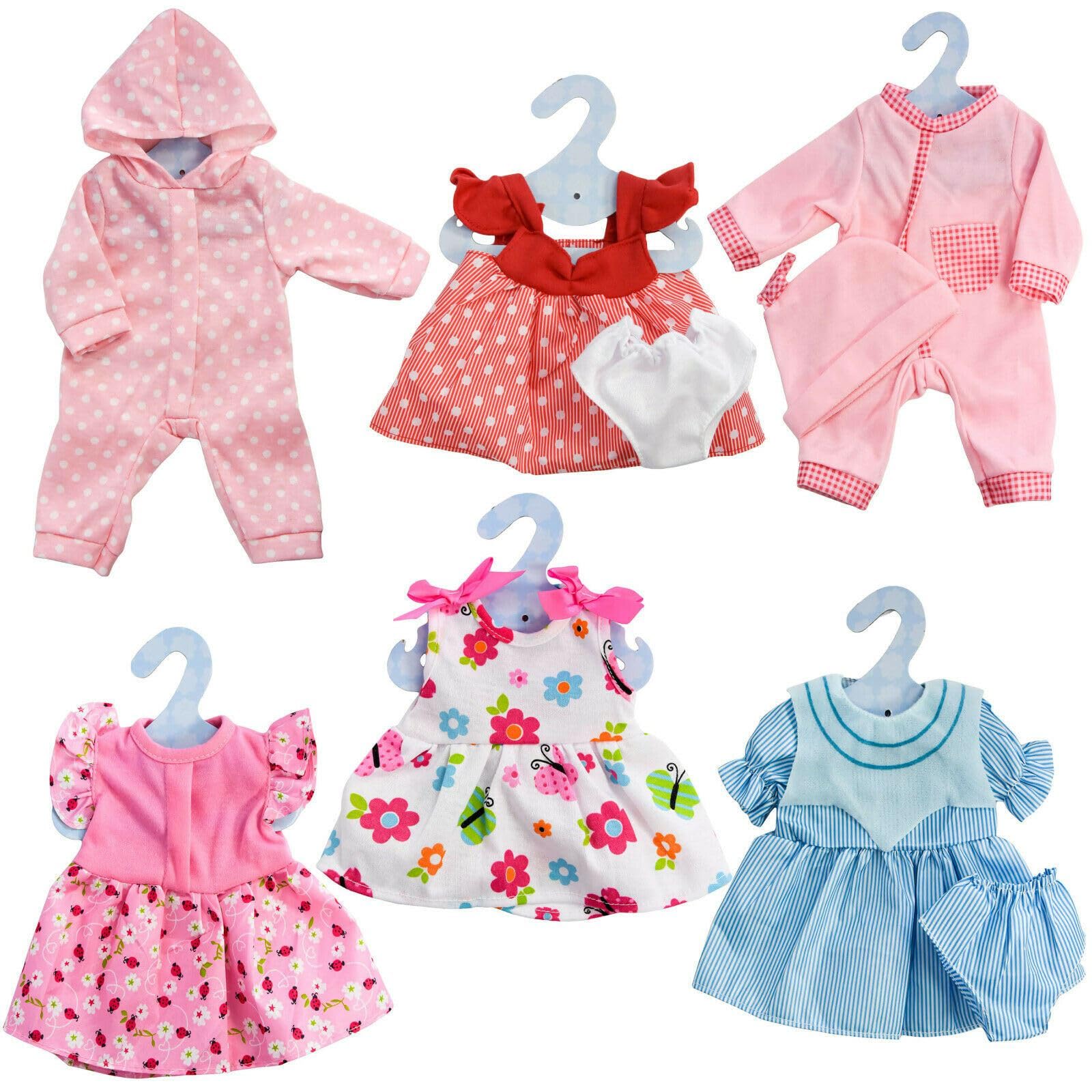 BiBi Doll Set of 6 Baby Doll Clothes - 12" to 16" Floral & Polka Dot Dresses & Outfits, Toys & Accessories for Christmas & Birthday Gifts, Boys & Girls Aged 3 Years+