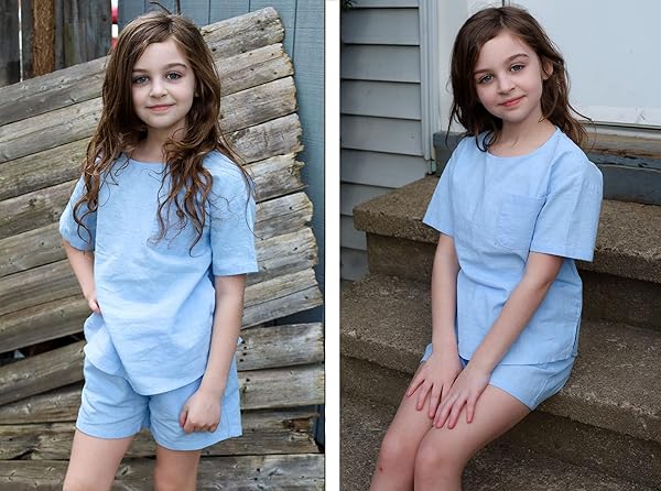 FLYPIGS TODDLER GIRL LINEN SHORTS SET SUMMER SHORT SLEEVE CLOTHING SET CUTE 2 PIECE OUTFITS WITH POCKETS, 5-6 Y