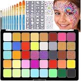 Face Painting Kit-40 Colors Professional Water Activated Face Paint Palette | with Stencils,Brushes &amp; Gems, Non Toxic Water Based Neon Glow Body Facepaint Kit for Halloween Festival Events Cosplay Makeup
