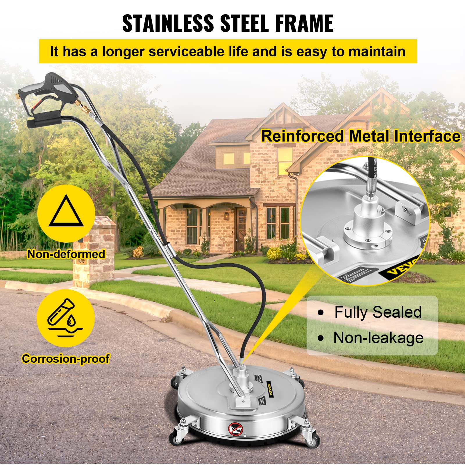 VEVOR Pressure Washer Surface Cleaner, 24'', Max. 4000 PSI Pressure by 2 Nozzles for Cleaning Driveways, Sidewalks, Stainless Steel Frame w/Rotating Dual Handle, Wheels, Fit for 3/8'' Quick Connector
