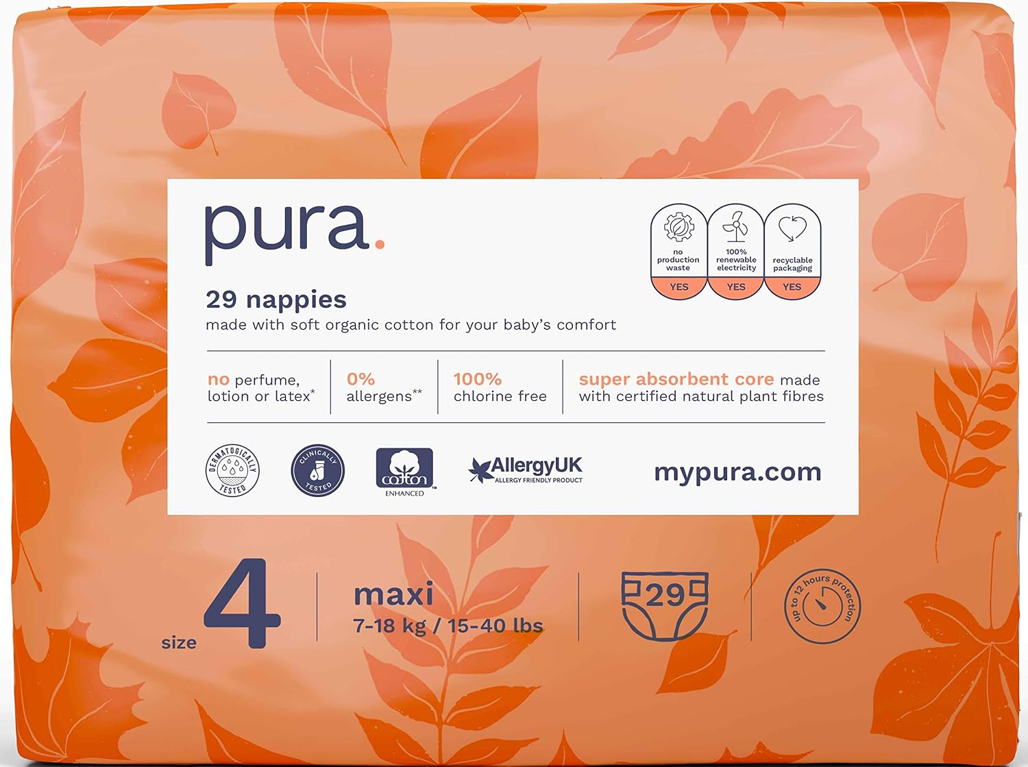 Pura Baby Toddler Nappies Size 4 (Maxi 7-18kg / 15-40 lbs) Monthly Pack 5 x 29 per pack, 145 Nappies, Allergy UK Approved - Image 4