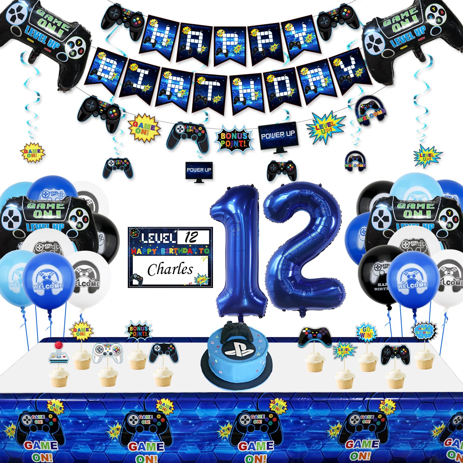 Photo 1 of 12th Birthday Decorations for Kids-Gaming Party Decorations for Gamer-HAPPY BIRTHDAY Gaming Banner Video Game Table Cover Controller Balloon Cake Topper Gaming Hanging Sign Number 12 Balloon, Candle