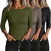 Riyiper 3 Pack Women's 3/4 Length Sleeve Tops Lettuce Trim Ribbed Boat Neck Shirts Half Slim Casual Basic Fitted Tees