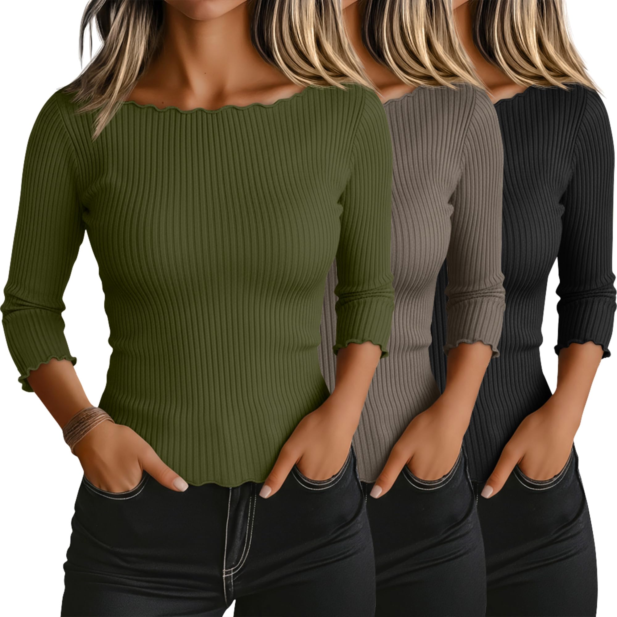 Photo 1 of *****BLACK AND BROWN ONLY***

Riyiper 2 Pack Women's 3/4 Length Sleeve Tops Lettuce Trim Ribbed Boat Neck Shirts Half Slim Casual Basic Fitted Tees(Black, Mocha, Army Green,Medium)