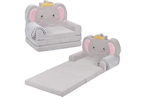 FORYOOMI Kids Couch, 2-in-1 Soft Toddler Couch Fold Out with Blanket, Chair Comfy, Foldable Convertible Plush Sofa to Lounger, Gifts for Kids Girl Boys, Elephant