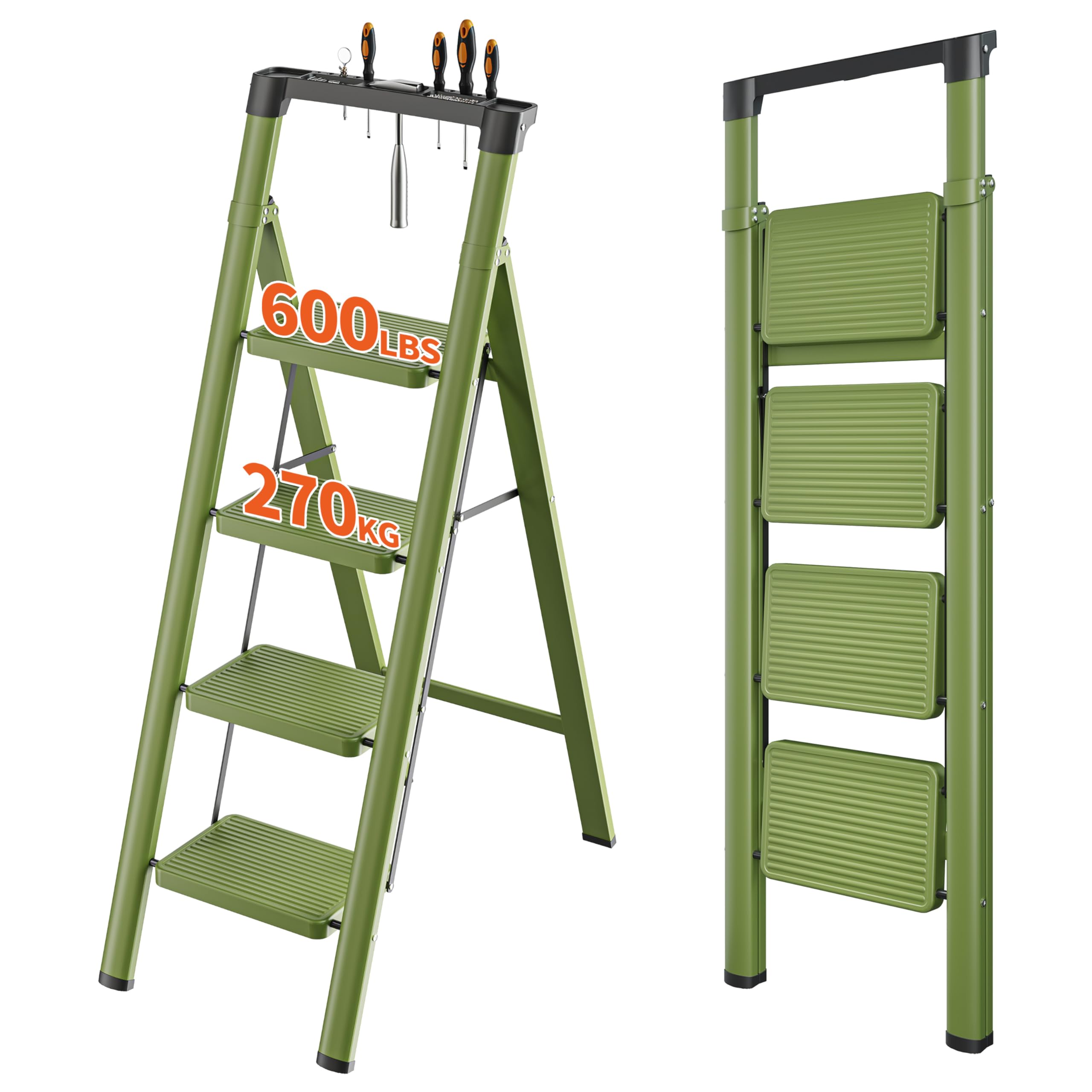 Photo 1 of JOISCOPE 4 Step Ladder, Folding Step Stool with Tool Platform, 600lbs Portable Sturdy Steel Ladder with Wide Anti-Slip Pedal, Lightweight, Convenient Handgrip, Ergonomic Design, Green