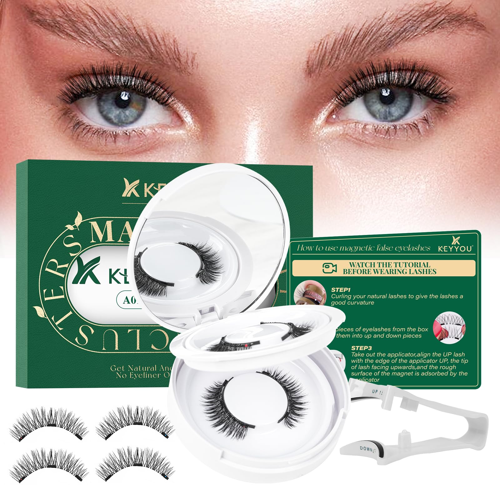 Photo 1 of KEYYOU Reusable Magnetic Eyelashes 2 Pair with Applicator No Glue Needed 3D Natural Magnetic Lashes, Easy to Apply & Long Lasting for Daily Use & Events(A01+A01)