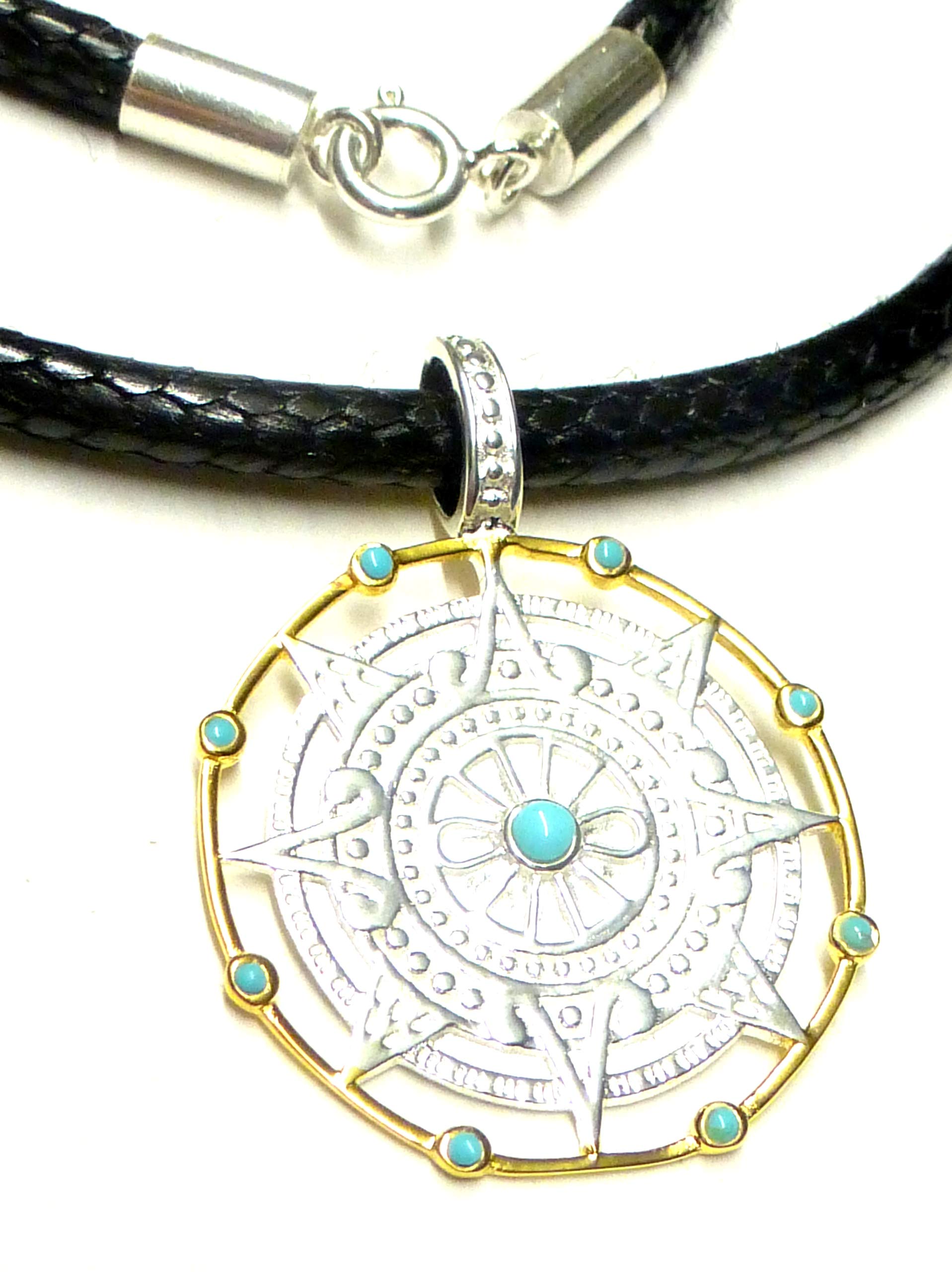 Sterling Silver Gold Plated Maya Compass Pendant with Turquoise Stones and 45cm Choker, Sterling Silver