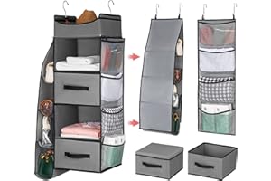 ELVIROS TRAVEL Elviros Hanging Closet Organizer and Storage, 4-Shelf Closet Shelves with Drawers, 3 in 1 Hanging Shelves with Handbag Door Organizers for Bedroom, Wardrobe, Nursery(Grey)