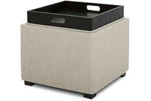 CHITA Storage Ottoman Cube with Tray,Footrest Stool Seat Serve as Side Table, Fabric in Flax