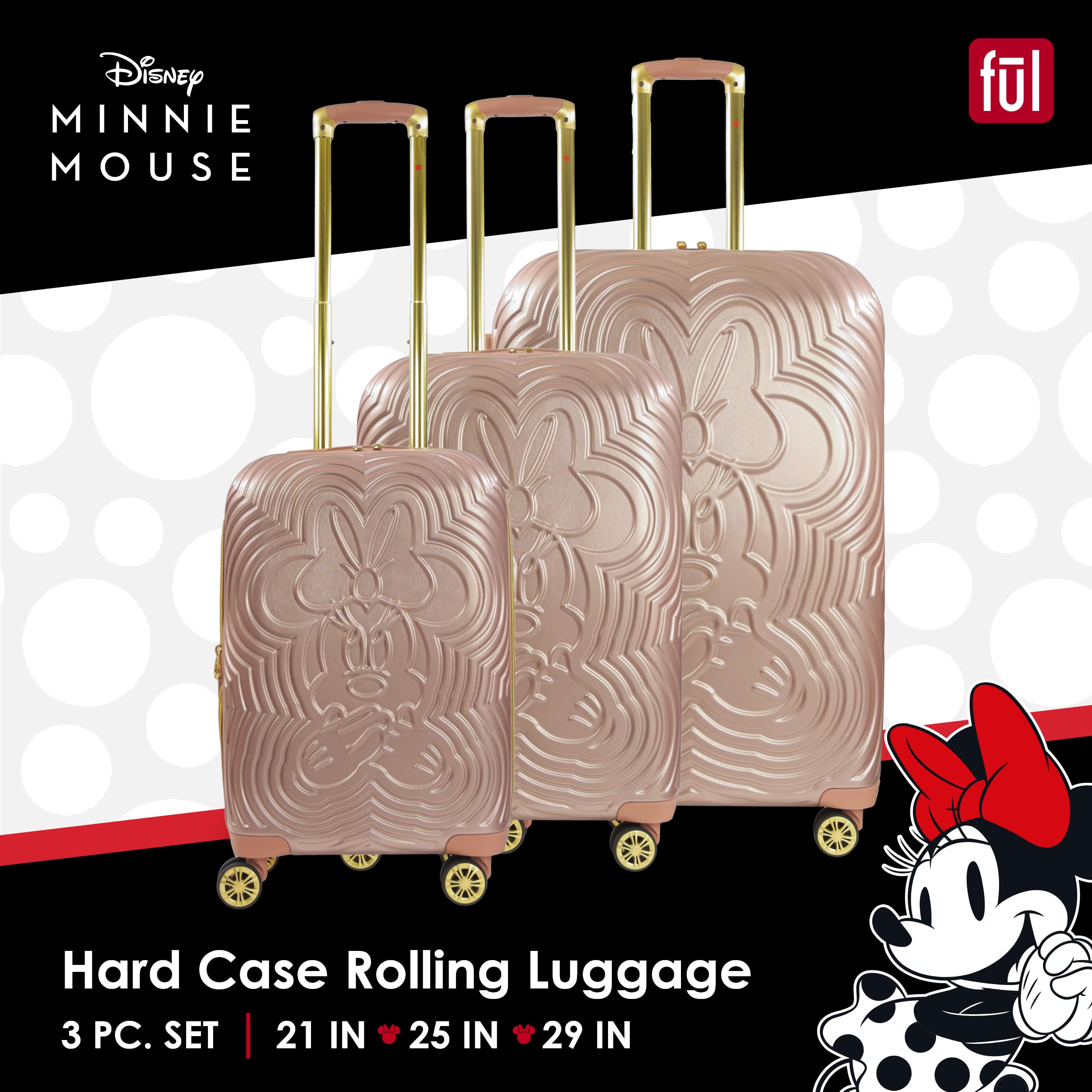 FUL Disney Minnie Mouse 3 Piece Rolling Luggage Set, Molded Hardshell Suitcase with Wheels, 21, 25 and 29 Inch, Rose Gold