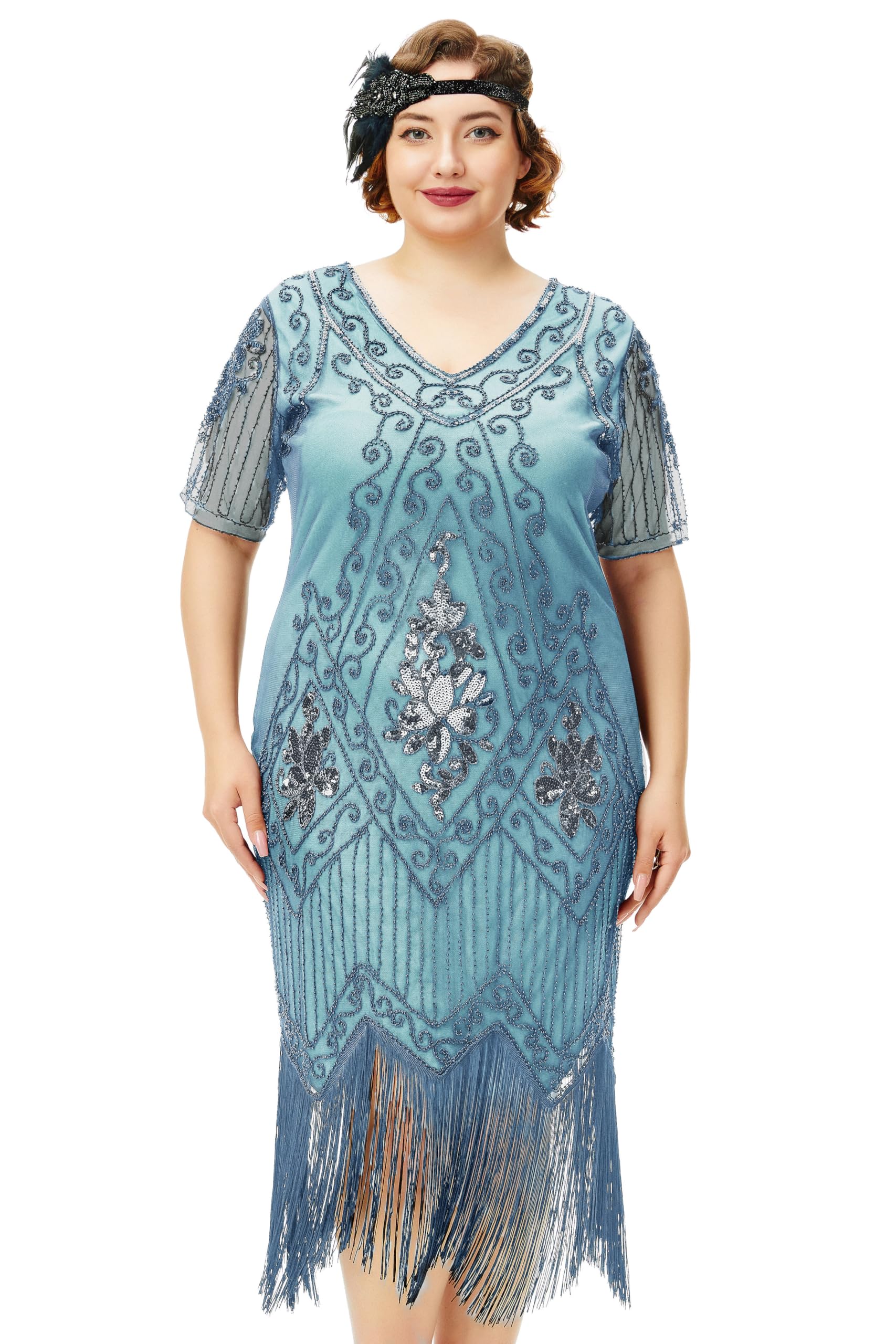 Photo 1 of ***MINOR MATERIAL DAMAGES (MINIR FRINGE DAMAGE)*** BABEYOND Great Gatsby Dresses for Women Plus Size Cocktail Dress 1920s Flapper Costume for Women Light Blue