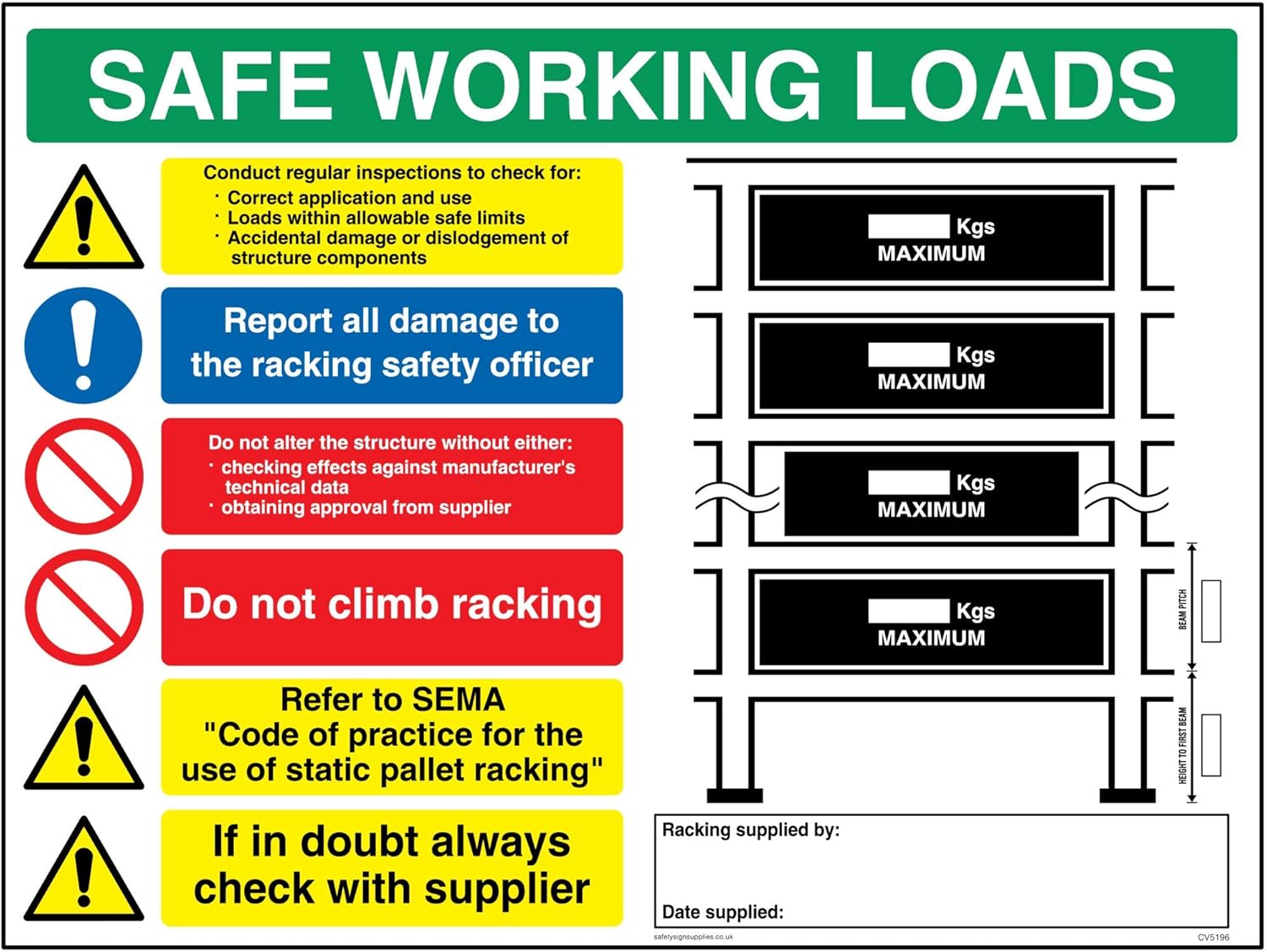 Viking Signs Cartello Sicurezza 'Safe Working Load Racking' – Plastica Semi-rigida 1mm – 400x300 Mm