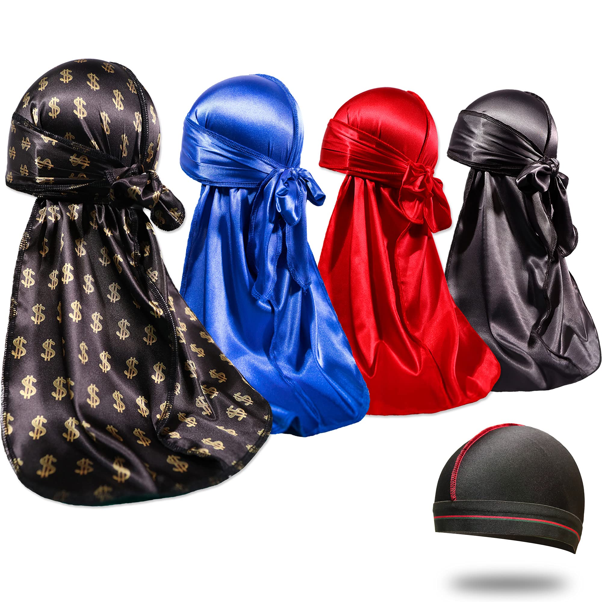 4PCS Silky Durags for Men 360 Waves, Designer Do Rag, Award 1 Wave Cap, S-Money BRB 4pcs, M