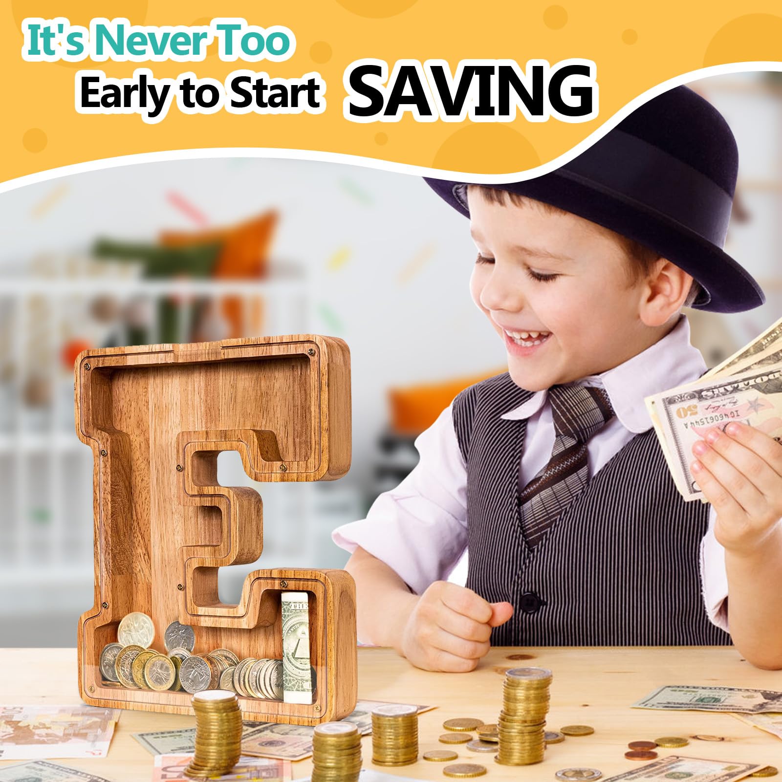 SummiDate Wooden Letter Piggy Bank for Kids| Piggy Bank for Boys Girls Toddler| Alphabet E Money Bank| Wood Coin Bank Personalized Birthday Easter Gift for Kids (E)