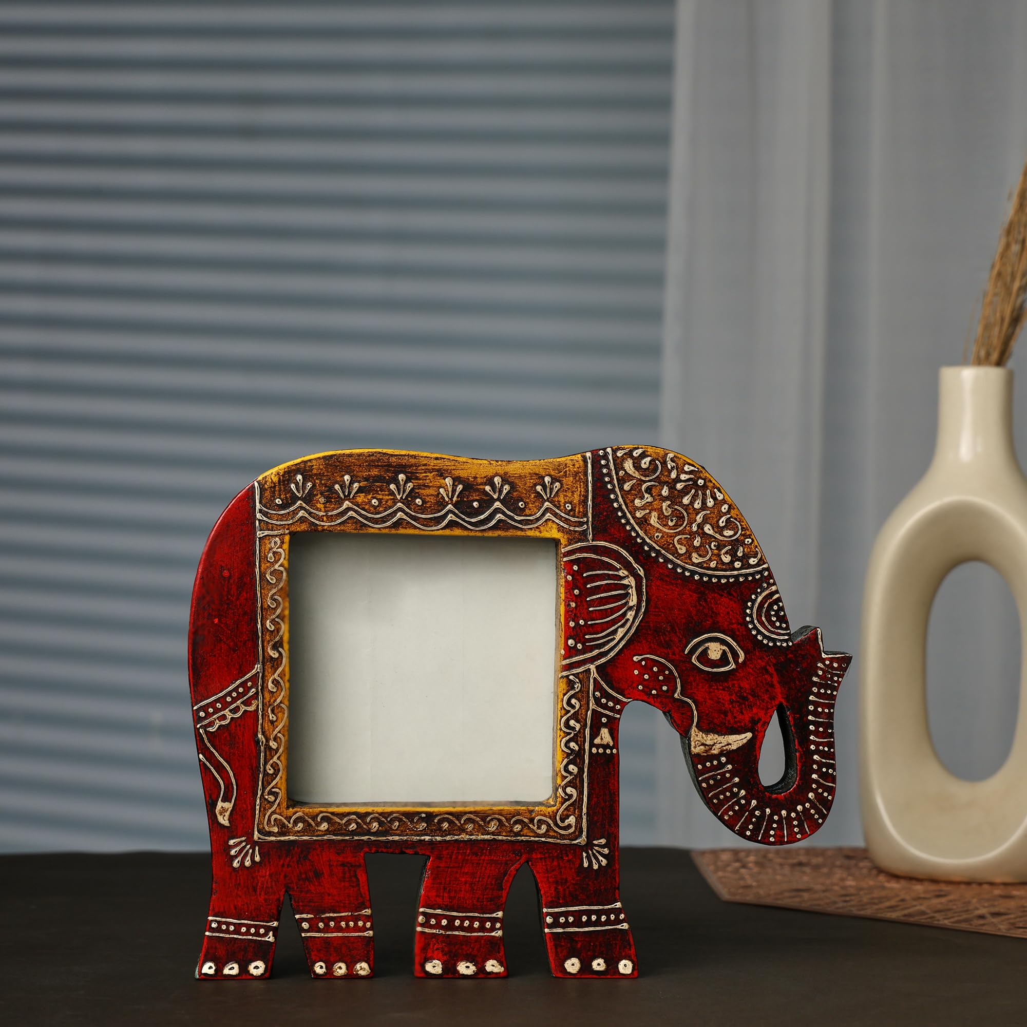 Purpledip Artistic Photoframe Wooden Elephant Shaped for 4x4 inch photo size Unique Indian souvenir (10988)
